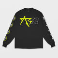 Black long-sleeve shirt with yellow and white graphics on a light gray background