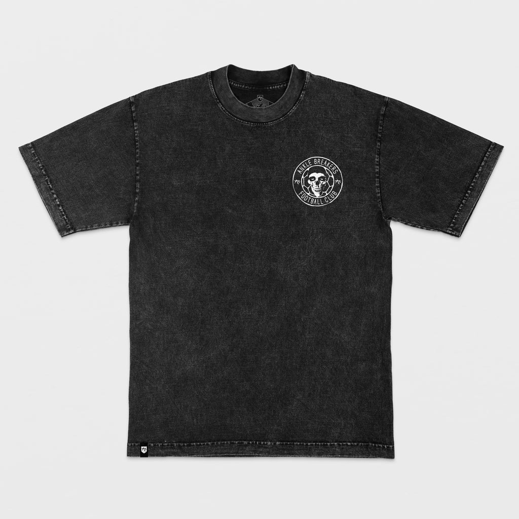Black t-shirt with a logo on the chest against a white background